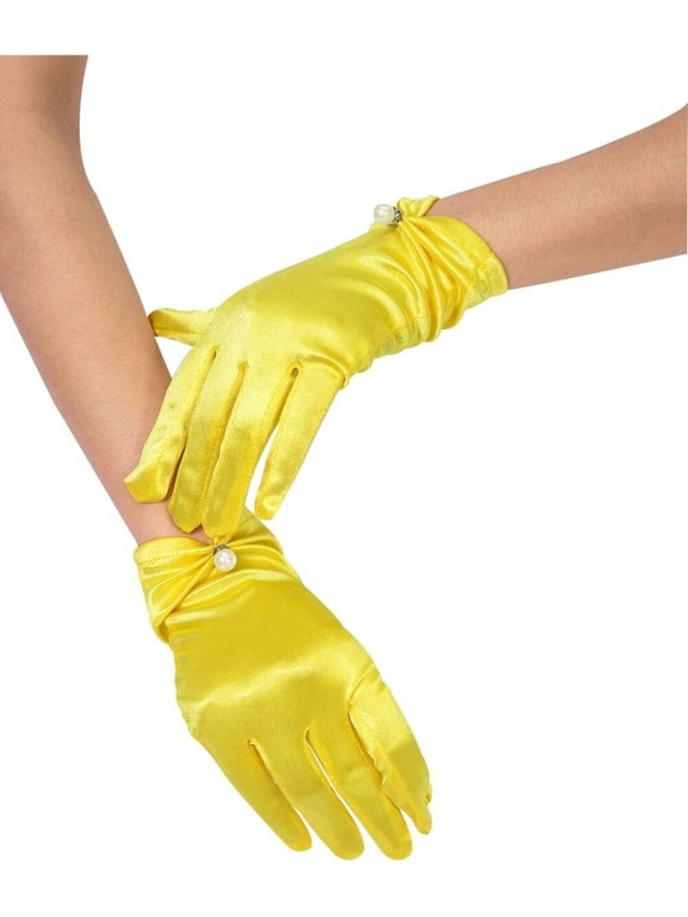Women's Yellow Pearl Accent Wrist Length Halloween Party Stretchy Lace Gloves